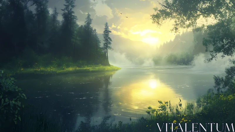 Riverlight quietly braids mist, forest shadow, and sunrise