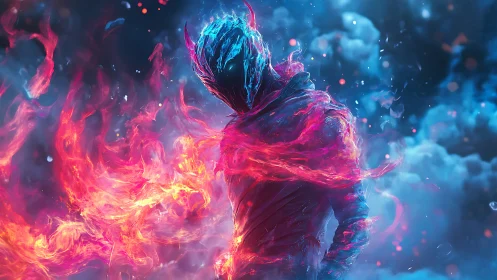 Flameborn specter bends neon fire within stormy cosmic haze.