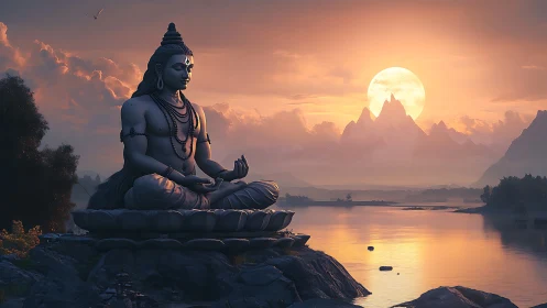 Stone deity statue in lotus pose before lake and sunset.