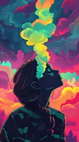 Dreamy portrait in swirling neon clouds of imagination.