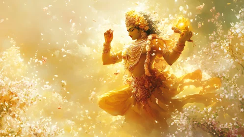 Digital depiction shows ornate figure floating in golden bloom