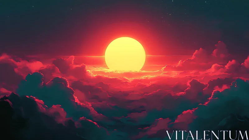 Sunset above dense clouds with vivid neon glow.