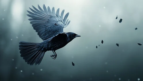Black Bird in Flight with Dynamically Rendered Wings Against Atmospheric Fog