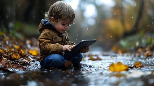 Child splashing in autumn stream with tablet device.
