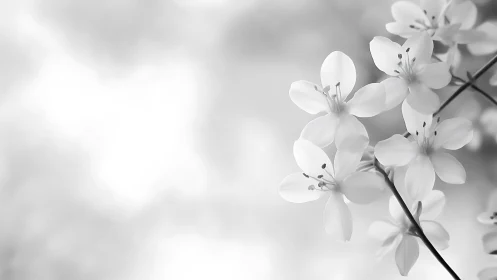 White blossoms on dark branch in monochrome