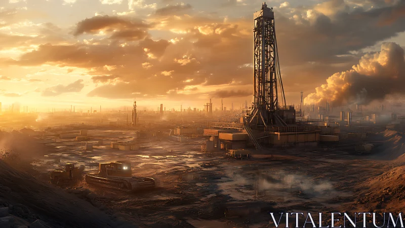 Industrial oil rig dominates sunlit dystopian extraction landscape