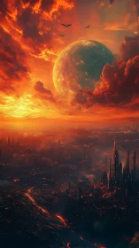 Fiery alien skyline stretches under looming planet at sunset