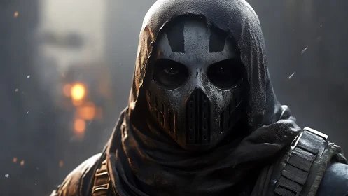 Shrouded masked warrior holds a calm gaze in smoky light