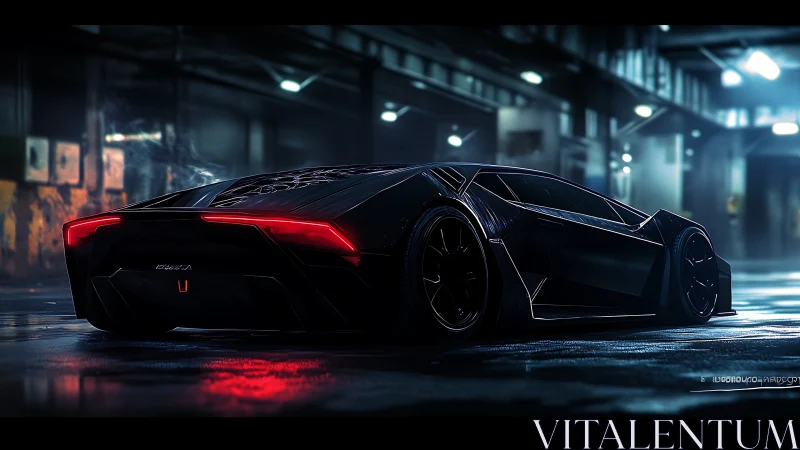 Midnight hypercar poised beneath neon-lit industrial vaults.