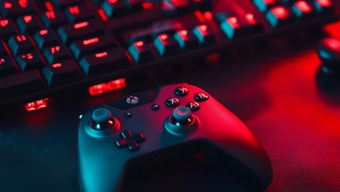 Gaming controller and keyboard in red blue neon light.