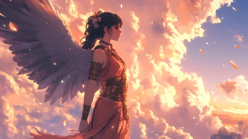 Winged warrior girl in sunset clouds, warm backlit profile