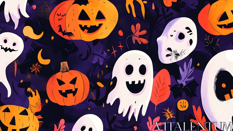 Playful pumpkin ghosts swirling through cozy Halloween night.