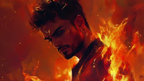 Firelit rebel with a stormy gaze in swirling embers.