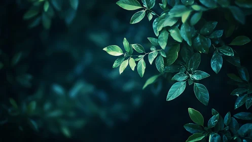 Lush Green Leaves Against Soft Dark Background, Nature Photography.