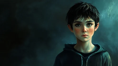 Storm-eyed boy studies the silence between painted shadows