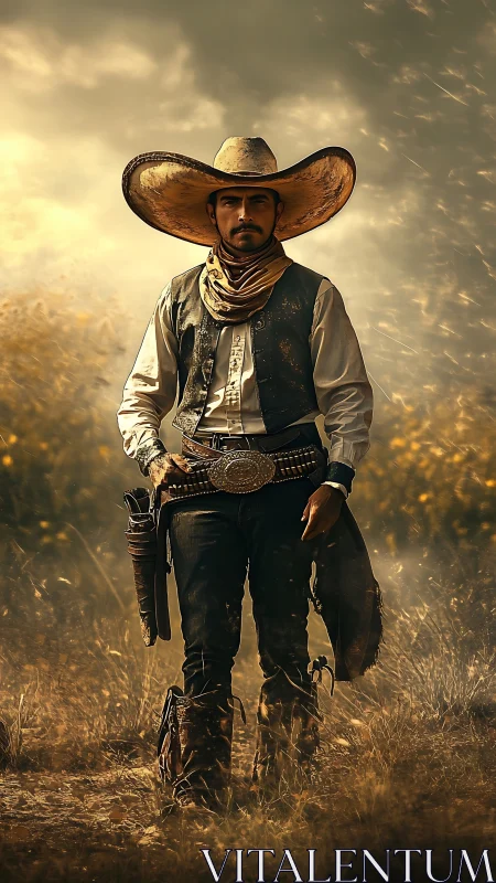 Dusty lone cowboy strides through golden prairie storm.