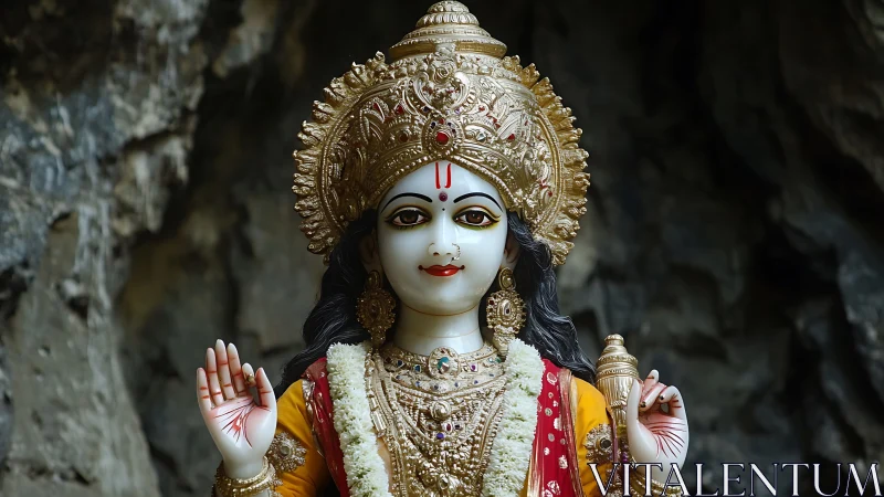 Polychrome Hindu goddess statue with ornate golden crown