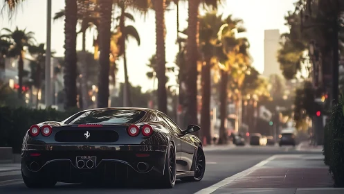 Black sports car on palm-lined urban street at dusk.