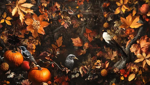 Autumn birds hold court among pumpkins and burning leaves