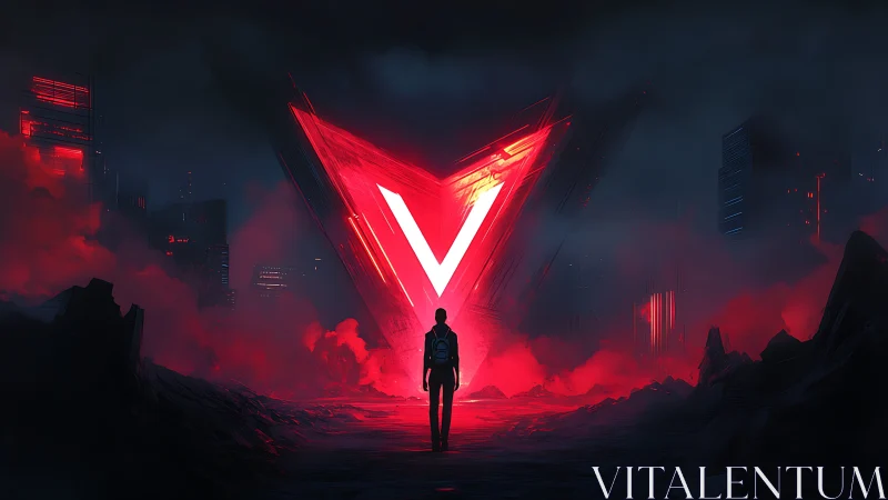 Backlit figure approaches luminous red triangular portal structure