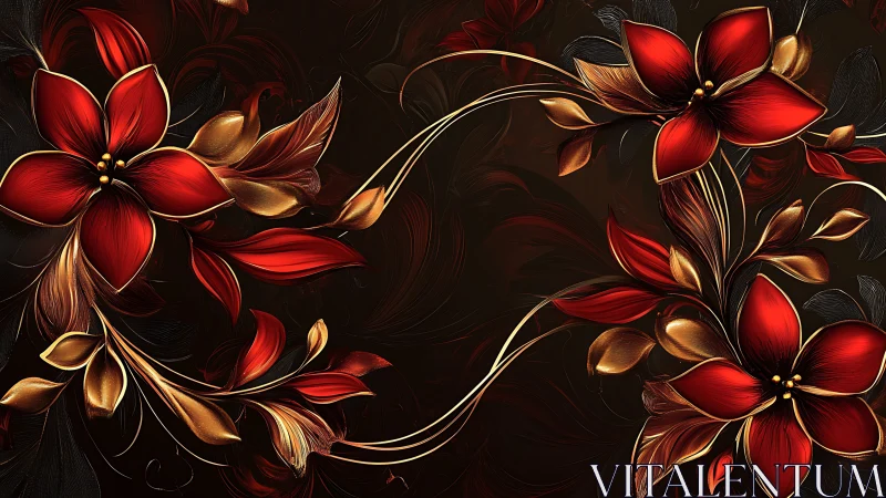 Red and Gold Floral Design on Dark Background