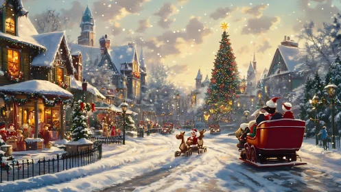 Snowy village Christmas Eve with festive sleigh rides.