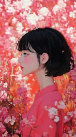 Anime profile portrait in saturated pink floral surround.