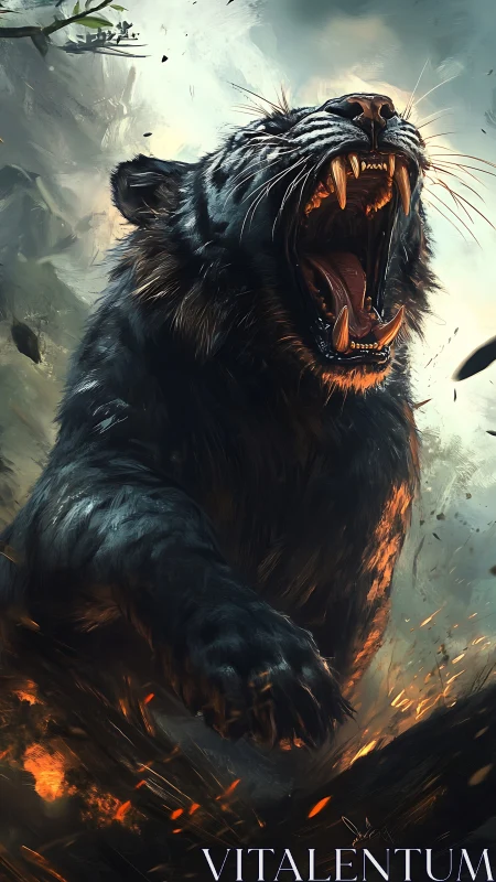 Inferno Beast Roars: Dark Fury Unleashed in Blazing Storm.
