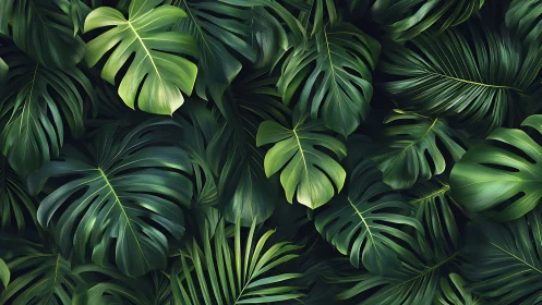 Dense tropical monstera foliage fills frame with deep greens