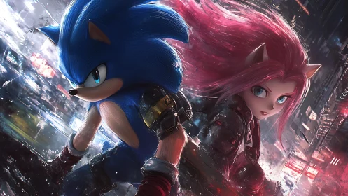 Neon-speed hedgehogs sprint through storm-lit cyber city.