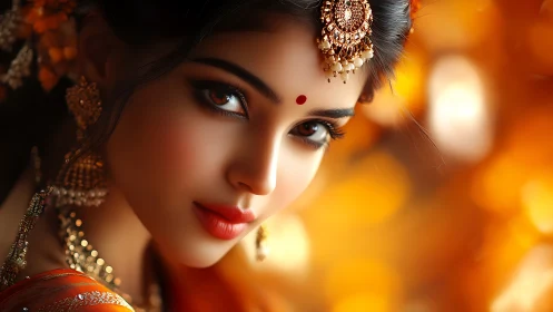 Bridal portrait glows in warm bokeh and ornate gold jewelry.