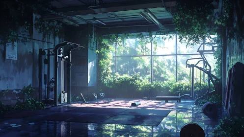 Sunlit jungle gym reclaiming a forgotten urban workout room.