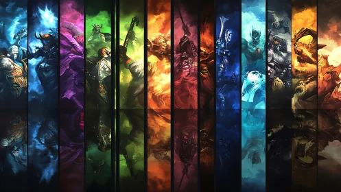 Segmented fantasy champions aligned by chromatic energy fields