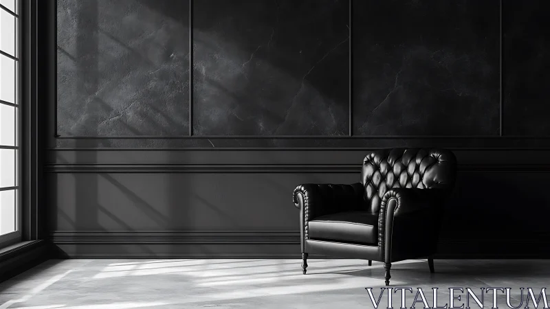 Monochrome tufted armchair in raking daylight within matte panelled chamber.