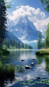 Majestic alpine peak mirrored in tranquil forest lake.