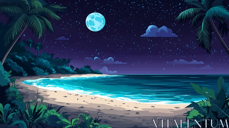 Moonlit Tropical Beach Under Starry Night Sky