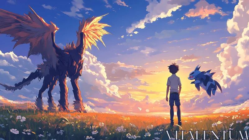 Sunset meadow welcomes a boy and fantastical creature friends