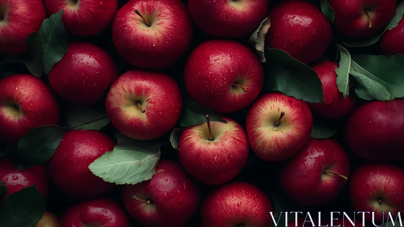 Red apples with green leaves in dense overhead arrangement.