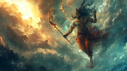 Mythic armored figure with spear amid luminous clouds.