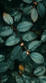 Rain-kissed dark green leaves with soft bokeh depth.