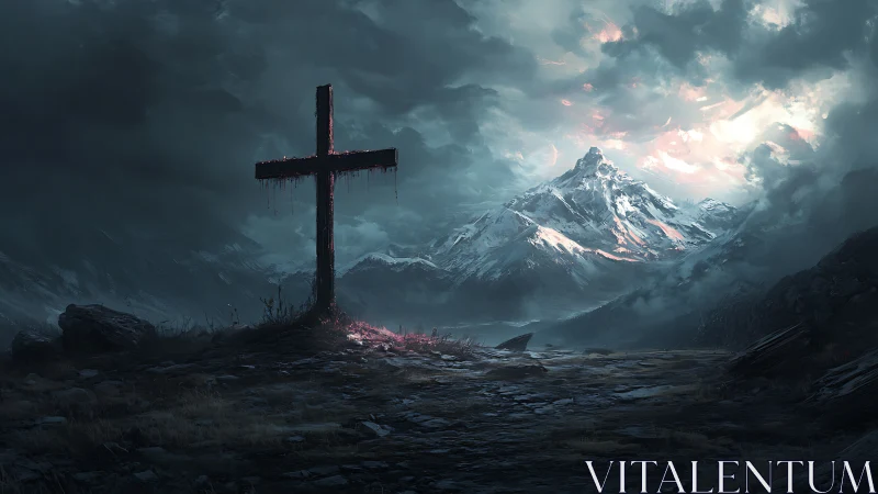 Stormlit cross watches over haunted snowbound mountainscape.