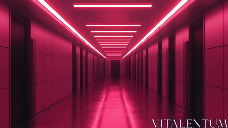 Neon pink corridor extends with symmetric doors and ceiling lights