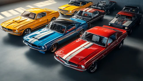 Row of classic muscle cars in controlled studio lighting.