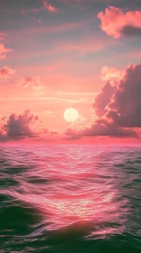 Iridescent pink sunset over reflective ocean horizon plane.