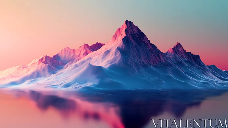 Neon-lit mountains rise over glassy waters at pastel dawn