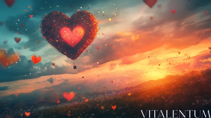 Heart-Shaped Balloon Ascending Above Landscape at Sunset