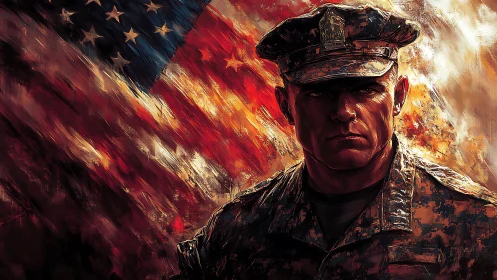 Military officer portrait before stylized United States flag.