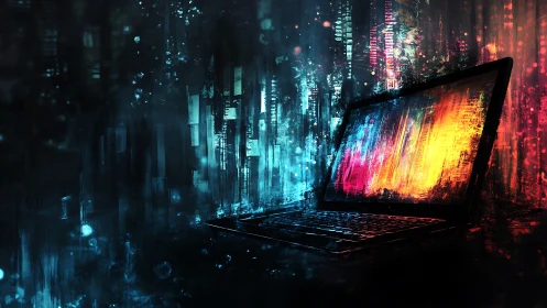 Neon-glitched laptop illuminates a cybernetic abstract datascape