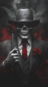 Skeletal mobster portrait in noir suit with red accents.