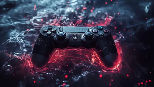 Controller adrift in neon tide, glowing with game fever.